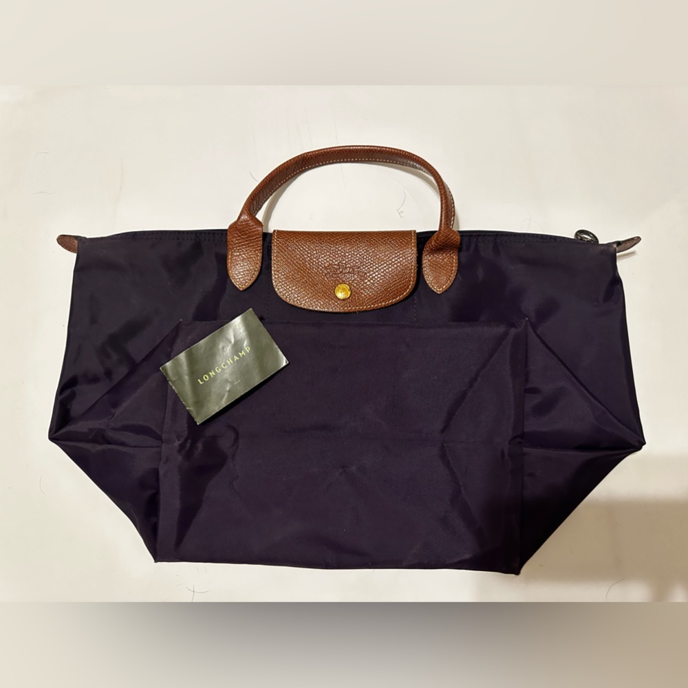 Longchamp purple nylon and brown leather large size with short handles
